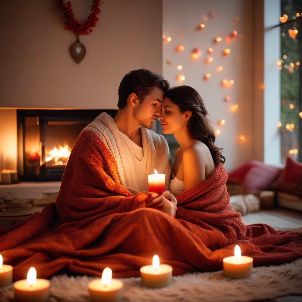 A couple sitting by a warm, crackling fireplace, gazing into each other's eyes with soft, flickering flames in the background. Surround them with heart-shaped candles and a cozy blanket draped over their shoulders, symbolizing warmth and intimacy. Incorporate a rich color palette of reds and oranges to evoke feelings of passion and devotion. Add fairy lights twinkling above them, enhancing the romantic atmosphere. soft focus. warm tones. 3D.