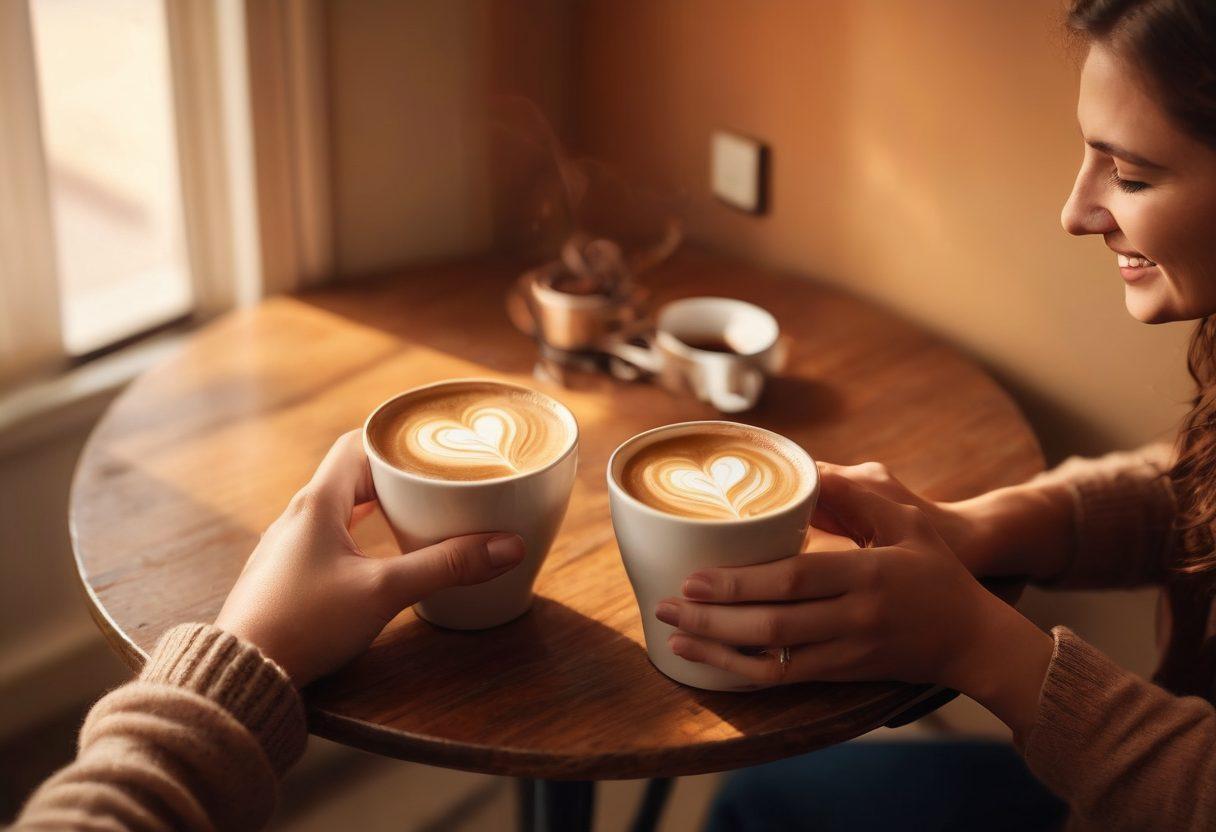 A cozy setting with two friends sharing a laugh over coffee, surrounded by warm, soft lighting. In the background, subtle hints of romance, like a heart-shaped shadow and intertwined hands, symbolize their transition from friendship to love. The atmosphere radiates warmth, connection, and vulnerability. super-realistic. warm colors. soft focus.