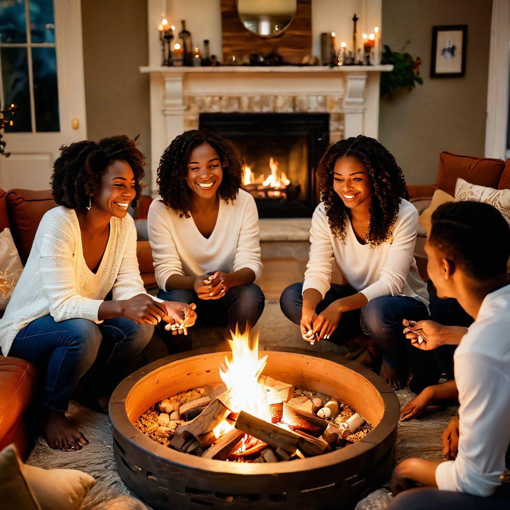 A warm, inviting living room scene featuring a diverse group of friends and family gathered together, sharing laughter and an intimate moment over a cozy fire. Soft lighting casts gentle shadows, highlighting their joyful expressions and creative activities such as board games or cooking together. Emphasize an atmosphere of love and connection, with heart-shaped decorations subtly integrated into the decor. soft focus, cozy atmosphere, warm colors.